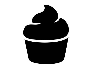 Beyaz arka planda izole edilmiş, üzerinde girdap olan siyah top kek silueti, grafik çizimi. Hamur işi, iyi pişmiş, tatlı, ikon, logo, kafe, tasarım elementi.