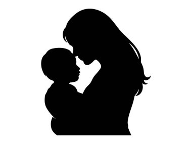 Beyaz arka planda izole edilmiş, resimli, siyah bir kadın kucağında çocuk. Annelik kavramı, aile sevgisi, ebeveyn-çocuk bağı, simge, logo, tasarım unsuru.