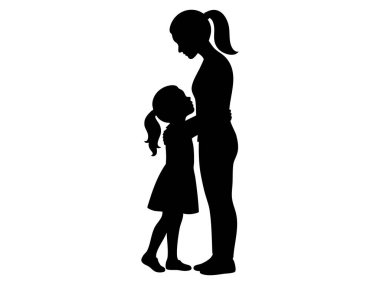 Beyaz arka planda izole edilmiş, iç açıcı bir resimle küçük bir kızı kucaklayan siyah bir kadın silueti. Aile kavramı, sevgi, ebeveynlik, bağlılık, anne ve çocuk.
