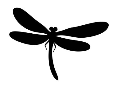 Siyah bir yusufçuk silueti, beyaz arka planda izole edilmiş, grafik çizim. Böcek konsepti, doğa, kanatlı yaratık, ikon, logo, dekoratif sanat, tasarım elementi.