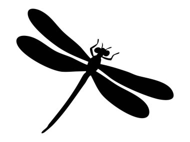 Geniş kanatlı siyah yusufçuk silueti, beyaz arka planda izole edilmiş, grafik çizimi. Böcek konsepti, doğa, vahşi yaşam, ikon, logo, tasarım elementi.