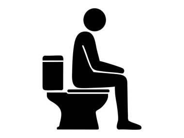 Tuvalette oturan siyah adam silueti, beyaz arka planda izole edilmiş, grafik çizimi. Tuvalet, tuvalet ikonu, hijyen, insan figürü, tasarım öğesi kavramı.