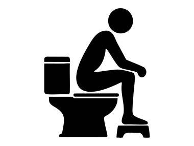 Siyah siluet, tuvalette oturan kişinin taburesi, beyaz arka planda izole edilmiş, grafik çizimi. Tuvalet mizah anlayışı, banyo dekorasyonu, ikon, logo, tasarım unsuru.