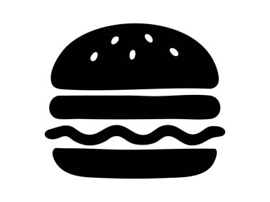Hamburger ikonunun siyah silueti, beyaz arka planda izole edilmiş, grafik çizimi. Fast food, hamburger, aperatif, mutfak tasarımı, simge, logo, tasarım elementi.
