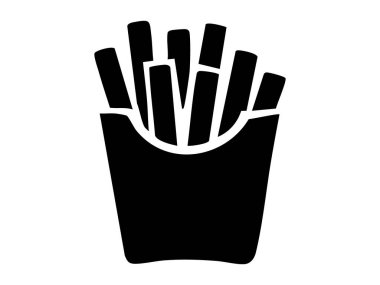 Fast food kızartmalarının siyah silueti, beyaz arka planda izole edilmiş, grafik çizimi. Abur cubur, atıştırmalık, gevrek, tuzlu ikram, simge, logo, menü tasarım ögesi konsepti.