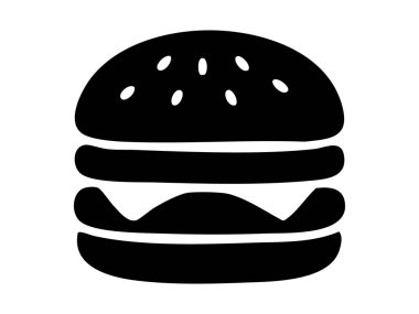 Fast food hamburgerinin siyah silueti beyaz arka planda izole edilmiş, grafik çizimi. Atıştırmalık, hamburger, abur cubur, öğle yemeği, yemek, ikon, logo, tasarım elementi.