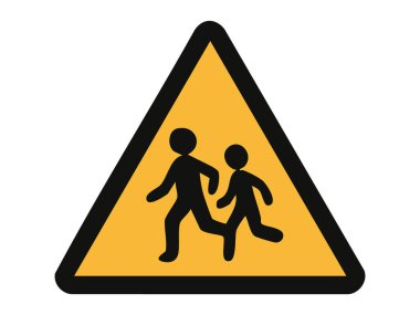 Beyaz arka planda izole edilmiş sarı üçgen içinde yürüyen iki çocuğun olduğu yol işareti, grafik çizimi. Okul alanı kavramı, çocukların geçişi, trafik güvenliği, yol alarmı.