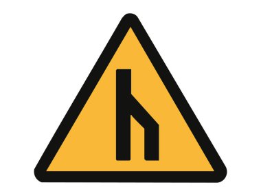 Beyaz arkaplanda izole edilmiş sarı üçgen içinde şerit birleştiren yol işareti, grafik illüstrasyon. Yol birleşmesi kavramı, trafik akışı, otoyol bağlantısı, güvenlik alarmı.