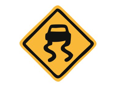 Beyaz arka planda izole edilmiş sarı elmasın içinde araba ve patinaj izleri olan kaygan yol uyarı levhası, grafik çizimi. Sürüş tehlikesi kavramı, yol güvenliği alarmı, ıslak yüzey uyarısı.