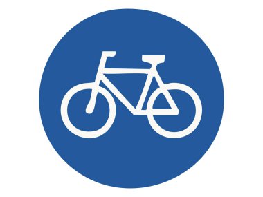 Beyaz arka planda izole edilmiş mavi dairenin içinde beyaz bisiklet ikonu olan zorunlu yol işareti, grafik çizimi. Bisiklet şeridi kavramı, bisiklet yolu, kentsel hareketlilik, trafik kuralı, tasarım ögesi.
