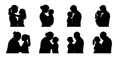Yetişkin ve çocuk siyah siluetler beyaz arka planda birbirlerine sarılıyorlar. Aile sevgisi kavramı, duygusal destek, nesiller arası bağ, bakım illüstrasyonu, birliktelik, kucaklama.