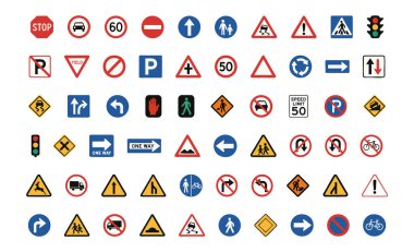 Çeşitli yol ve trafik işaretleri, çeşitli şekil ve renklerin toplanması. Ulaşım, güvenlik, sürüş, yönetmelikler, sokak sembolleri, yol kenarı göstergeleri, trafik yönetimi, büyük set.