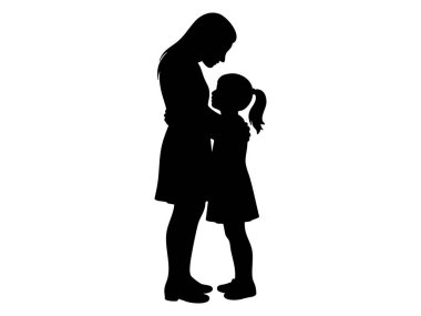 Beyaz arka planda izole edilmiş, resimli siyah kadın ve çocuk silueti. Aile kavramı, anne, kız, aşk, bağ, tasarım unsuru.