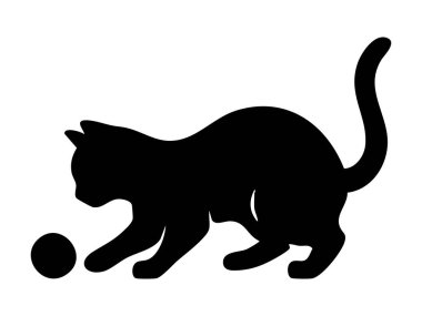 Siyah siluet top ile oynayan kedi yavrusu, beyaz arka planda izole edilmiş, grafik çizimi. Oyuncu kedi, evcil hayvan, sevimli hayvan, ikon, logo, tasarım elementi kavramı.