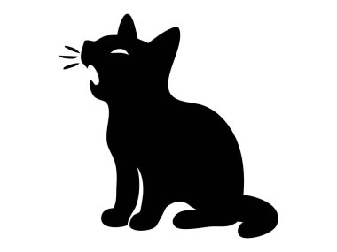 Esneyen bir kedinin siyah silueti, beyaz arka planda izole edilmiş, grafik illüstrasyon. evcil hayvan, sevimli kedi yavrusu, evcil hayvan, ikon, logo, sanatsal tasarım öğesi.