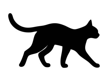 Siyah yürüyen kedi silueti, beyaz arka planda izole edilmiş, grafik çizim. Evcil hayvan, sevimli kedi yavrusu, evcil hayvan, ikon, logo, tasarım elementi.