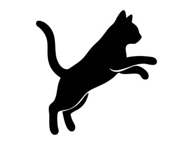 Beyaz arkaplanda izole edilmiş siyah kedi silueti. Evcil kedi hayvan konsepti enerjik kedi yavrusu logosu iç tasarım elementi.