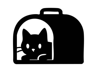Taşıyıcının içindeki siyah kedi silueti, beyaz arka planda izole edilmiş, grafik illüstrasyon. Hayvan taşımacılığı, kedi güvenliği, seyahat aksesuarı, ikon, tasarım ögesi.