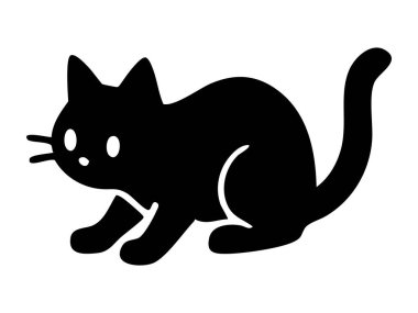 Beyaz arka planda izole edilmiş siyah kedi silueti, grafik çizim. Evcil hayvan, sevimli kedi yavrusu, evcil hayvan, ikon, logo, tasarım elementi.