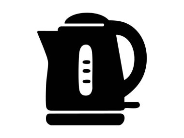 Beyaz arkaplanda izole edilmiş siyah bir su ısıtıcısı silueti, ikon tasarımı. Mutfak aletleri, ev aletleri, kaynar su, logo, grafik illüstrasyon.
