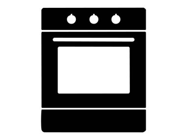 Mutfak fırınının siyah silueti, beyaz arka planda izole edilmiş. Yemek pişirme konsepti, ev aletleri, mutfak ekipmanları, mutfak aracı, grafik tasarım elementi.