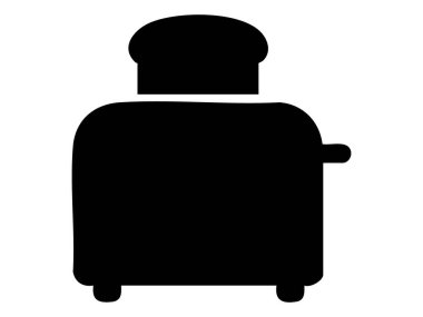 Ekmek dilimli siyah tost makinesi silueti, beyaz arka planda izole edilmiş, grafik çizimi. Mutfak gereçleri, kahvaltı, ev yemeği, ikon, logo, tasarım unsuru.