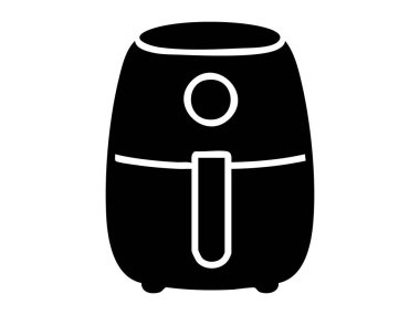 Beyaz arka planda izole edilmiş, hava kızartma aletinin siyah silüeti, grafik çizimi. Sağlıklı yemek pişirme, sıcak hava fırını, yağsız fritöz, modern yemek hazırlama cihazı kavramı..