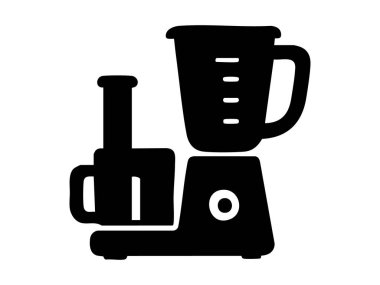 Mutfak blendırı ve yemek işlemcisinin siyah silueti, beyaz arka planda izole edilmiş, grafik çizimi. ev aletleri konsepti, yemek pişirme, simge, tasarım ögesi.