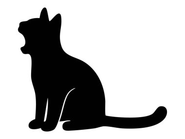 Beyaz arka planda izole edilmiş esneyen kedinin siyah silueti, grafik çizim. Evcil hayvan, sevimli kedi yavrusu, evcil hayvan, ikon, logo, tasarım elementi.