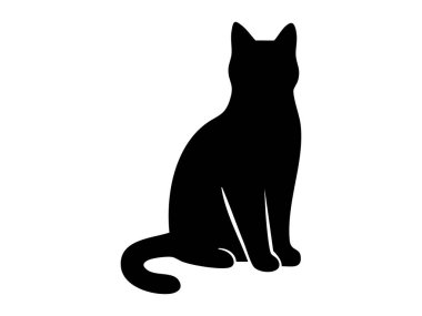 Beyaz arka planda izole edilmiş siyah kedi silueti, grafik çizim. Evcil hayvan, sevimli kedi yavrusu, evcil hayvan, ikon, logo, tasarım elementi.