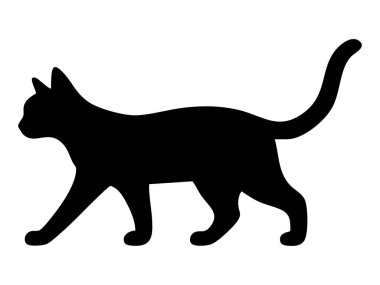 Siyah yürüyen kedi silueti, beyaz arka planda izole edilmiş, grafik çizim. evcil hayvan, kedi, evcil hayvan, simge, logo, tasarım elementi konsepti.