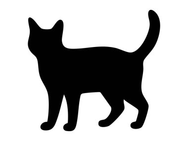 Siyah yürüyen kedi silueti, beyaz arka planda izole edilmiş, grafik çizim. Evcil hayvan, sevimli kedi yavrusu, evcil hayvan, ikon, logo, tasarım elementi.