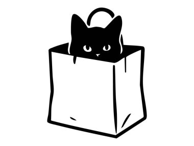 Kağıt torbadan dışarı bakan siyah kedi silueti, beyaz arka planda izole edilmiş, illüstrasyon. Meraklı hayvan konsepti, neşeli kedi yavrusu, evcil hayvan, ikon, tasarım ögesi.