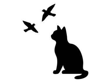 Beyaz arka planda izole edilmiş, resimli, oturup kuşları izleyen siyah kedi silueti. Evcil hayvan konsepti, sevimli kedi yavrusu, evcil hayvan, vahşi yaşam, tasarım unsuru.