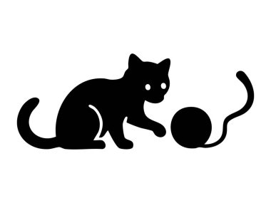 Oyuncak küreli siyah kedi silueti, beyaz arka planda izole edilmiş, grafik illüstrasyon. Evcil hayvan, sevimli kedi yavrusu, evcil hayvan, ikon, logo, tasarım elementi.
