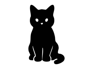 Beyaz arka planda izole edilmiş siyah kedi yavrusu silueti, grafik çizim. evcil hayvan konsepti, sevimli kedi, evcil hayvan, simge, logo, tasarım elementi.