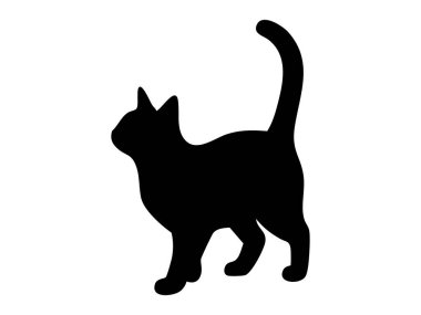 Beyaz arka planda izole edilmiş, oynak kuyruklu siyah kedi silueti, grafik çizim. Evcil hayvan, sevimli kedi yavrusu, evcil hayvan, ikon, logo, tasarım elementi.