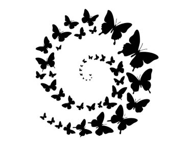 Beyaz arka planda izole edilmiş, sarmal desenli siyah kelebek silueti, grafik çizim. Doğa konsepti, böcekler, dekorasyon, sanatsal tasarım unsuru.