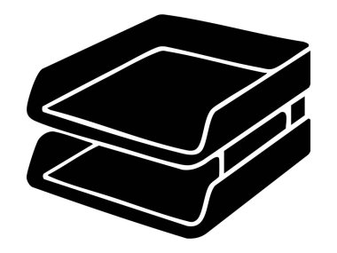 Beyaz arka planda izole edilmiş istiflenebilir ofis belgelerinin siyah silueti, grafik illüstrasyon. Kağıt organizatörü, ofis masası aksesuarı, belge depolama, işyeri organizasyonu kavramı.