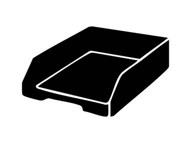 Beyaz arkaplanda izole edilmiş tek bir ofis belge tepsisinin siyah silüeti, grafik illüstrasyon. Kağıt tutucu, masaüstü düzenleyici, dosya depolama, iş yeri aksesuarı, tasarım ögesi kavramı.