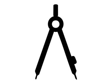 Beyaz arkaplanda izole edilmiş bir pusula aracının siyah silueti, grafik illüstrasyon. Geometri, taslak, matematiksel enstrüman, simge, logo, tasarım elementi kavramı.