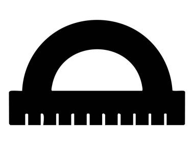 Beyaz arkaplanda izole edilmiş açıları ölçmek için açıölçer siyah silueti, grafik illüstrasyon. Geometri aracı kavramı, matematik enstrümanı, okul kırtasiyesi, taslak aksesuarı.