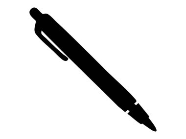 Beyaz arkaplanda izole edilmiş siyah bir dolma kalem silueti, grafik çizim. Yazı konsepti, kırtasiye, kalem simgesi, hat yazısı, tasarım ögesi.