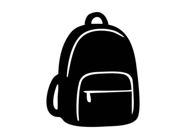 Sırt çantasının siyah silüeti beyaz arka planda izole edilmiş, grafik çizimi. Seyahat teçhizatı, okul çantası, yürüyüş aksesuarı, bagaj ikonu, tasarım ögesi.