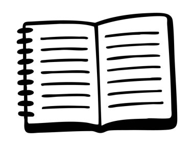 Beyaz arka planda izole edilmiş, resimli, sarmal defterin siyah silüeti. Yazı, kırtasiye, kağıt, simge, not alma, tasarım ögesi kavramı.