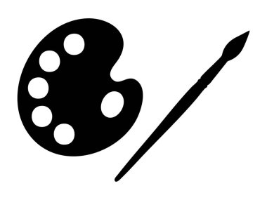 Beyaz arka planda izole edilmiş siyah boya paleti ve fırça silueti, grafik çizim. Sanat konsepti, resim aracı, yaratıcı hobi, simge, tasarım ögesi.