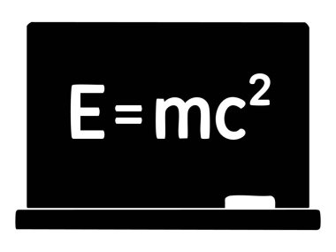Siyah siluet, beyaz arka planda E-MC2 ile izole edilmiş. Eğitim, fizik, bilim, formül, öğrenme, sembol, okul, tasarım unsuru.