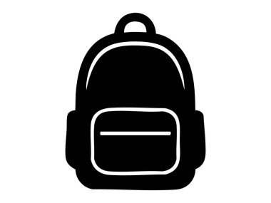 Sırt çantasının siyah silueti beyaz arka planda izole edilmiş, basit bir grafik çizimi. Seyahat konsepti, okul çantası, yürüyüş takımı, simge, logo, tasarım ögesi.