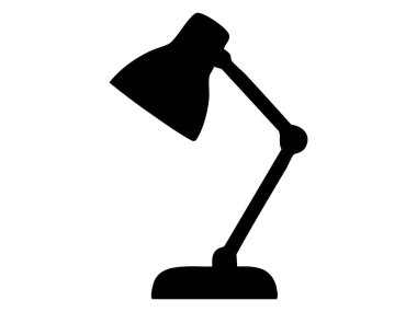 Masa lambasının siyah silüeti beyaz arka planda izole edilmiş, grafik çizimi. Işık konsepti, lamba tasarımı, ev dekorasyonu, simge, logo, tasarım ögesi.