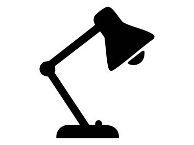Masa lambasının siyah silüeti beyaz arka planda izole edilmiş, grafik çizimi. Işık konsepti, ofis dekorasyonu, çalışma ışığı, simge, logo, iç tasarım unsuru.